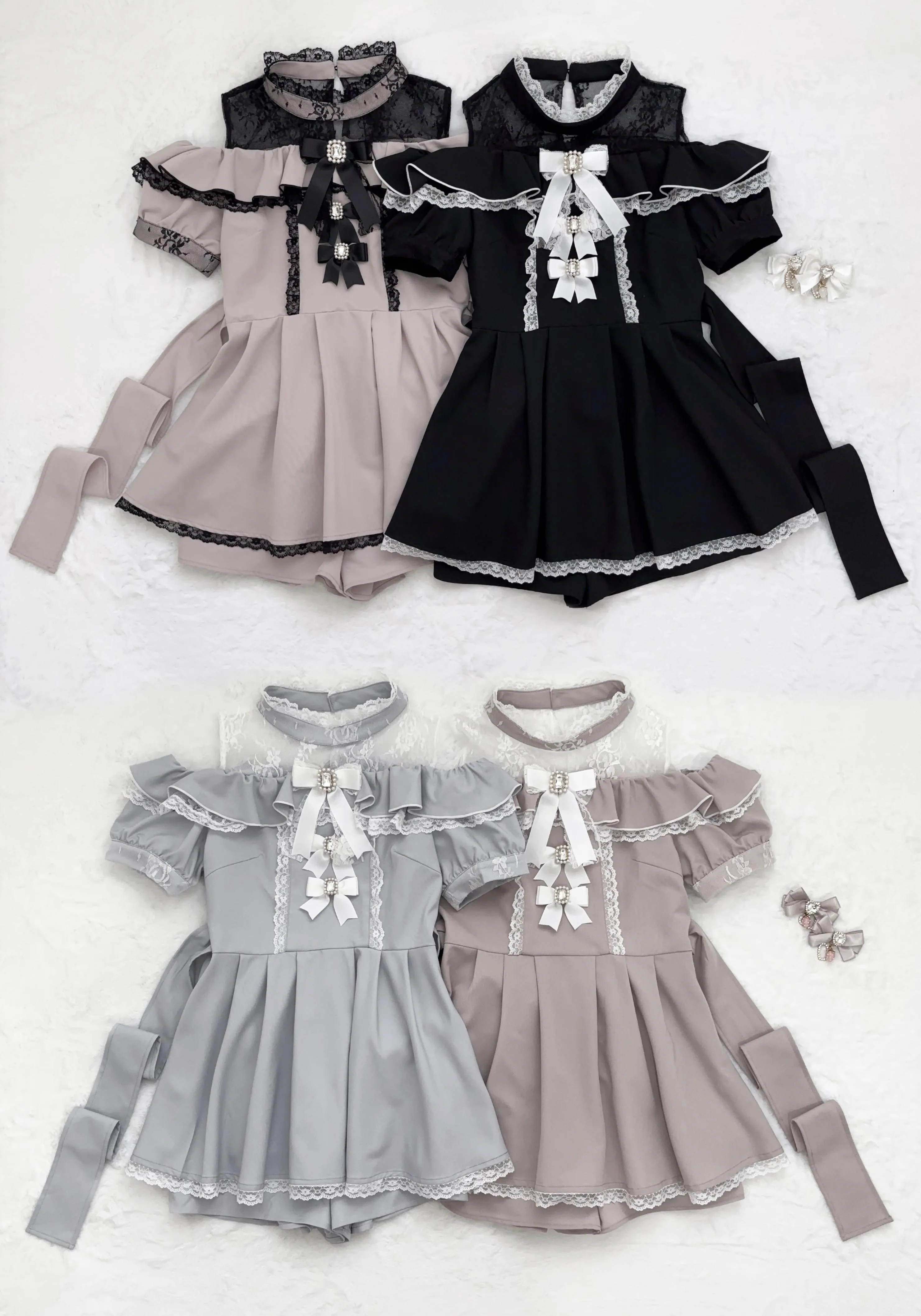 Japanese Style Mass-Produced Mine Ruffled Lace Off-the-Shoulder Rhinestone Bow Short Sleeve Dress Shirt and Shorts 2 Piece Set