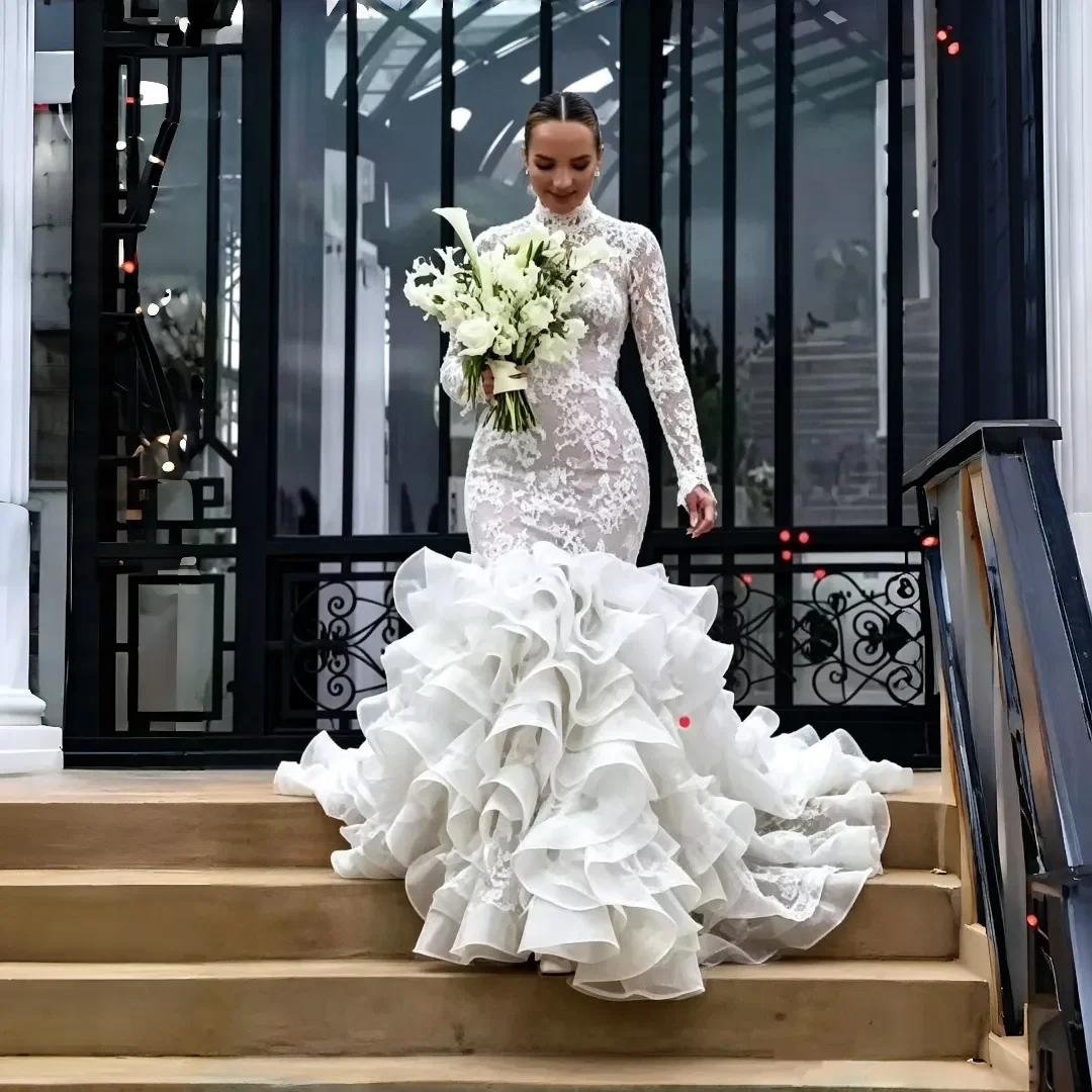 Customized High Collar Lace Appliques Wedding Dress with Removable Ruffles Train   Long Sleeve Open Back  Bridal Gowns