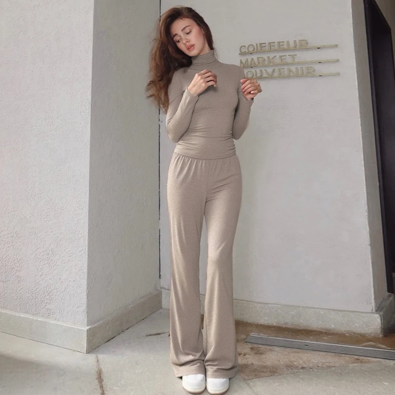 CUTENOVA 여성 가을/겨울 신상품 단색 캐주얼 하이넥 슬림핏 긴팔 상의 & 스트레이트 팬츠 투피스 세트