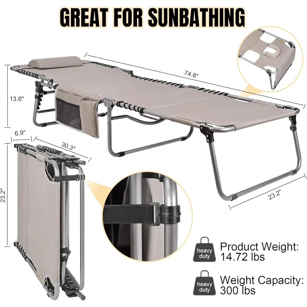 Heavy Duty Tanning Chair with Face Hole Adjustable 5-Position Folding Chaise Lounge Chairs for Outside Portable Lay Flat Beach