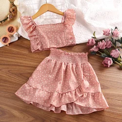 Girls' Clothing Set 5-12T Tri-Color Optional Flying Sleeve Square Collar Vest Top + Lace Skirts  Children Girls Baby Clothes Set