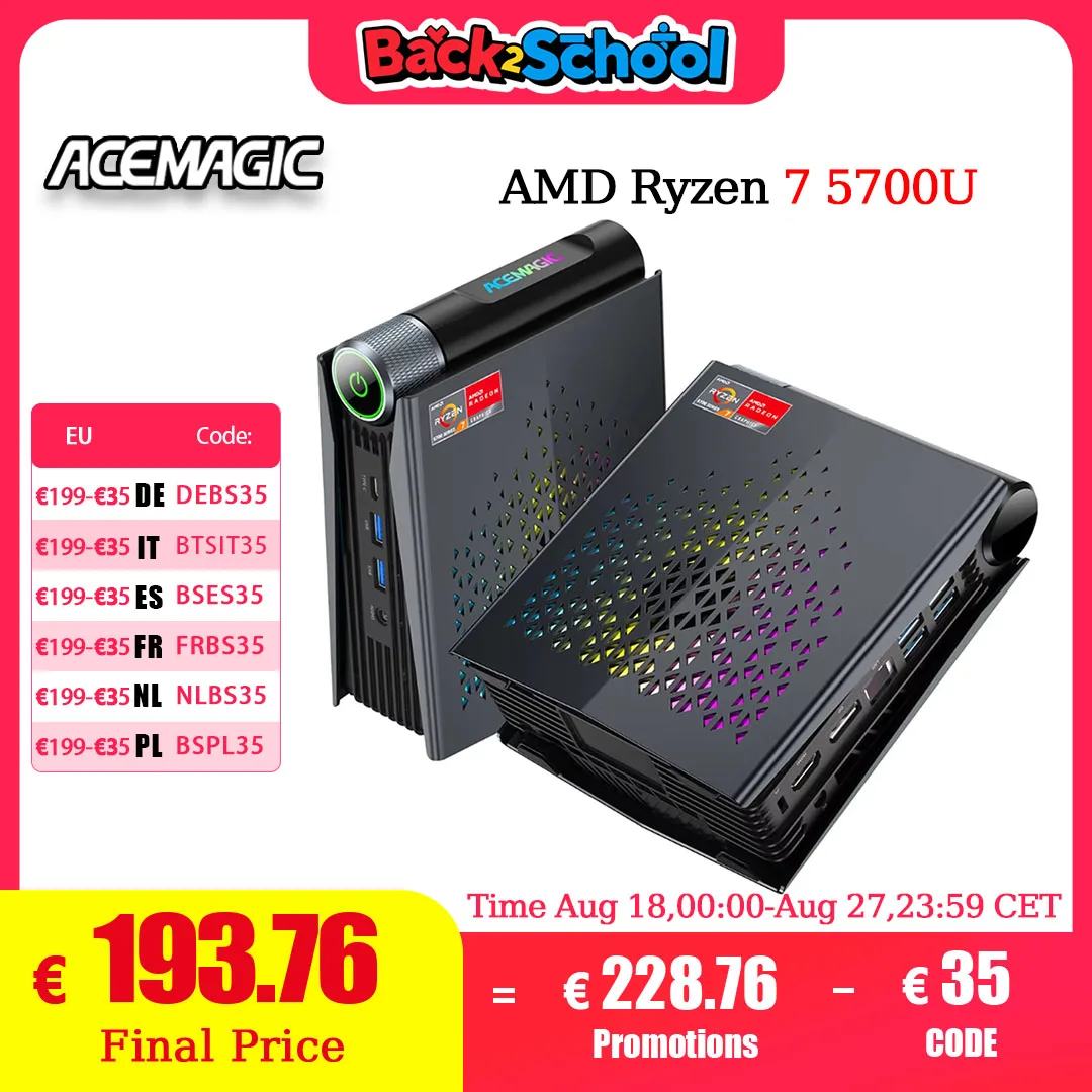 ACEMAGIC S3A MINI PC AMD Ryzen 7 5700U Processore RAM 32 GB DDR4 (fino a 64 GB) 512 GB SSD Dual Channel 8 core/16 thread Wifi6 BT5.2