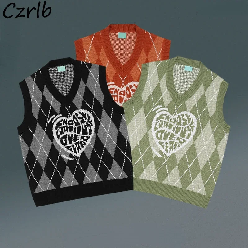 

Свитер Argyle, жилет, женский винтажный осенний свободный повседневный вязаный дизайн, эстетический Harajuku, классическая уличная одежда Chandails Friends