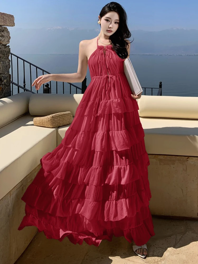 

Boho Red Color Cascading Ruffles Long Dress Robe 2025 Summer Women Fashion Sexy Backless Casual Holiday Dress Female Clothes