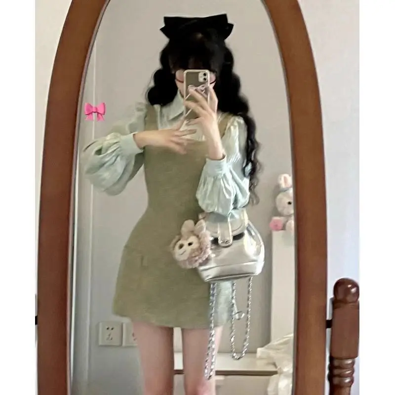 

New Autumn French Style Small Fragrance Design Lantern Sleeve Top Strap Skirt Two-Piece Set