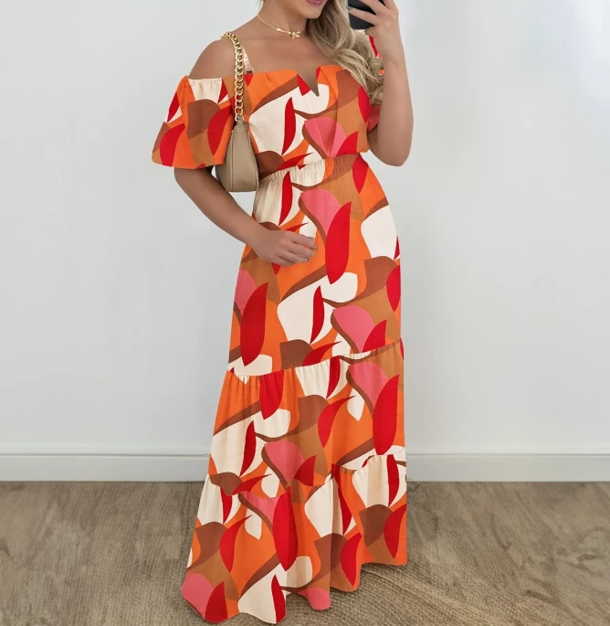 

Women's High Waist Patchwork Contrasting Off Shoulder Bandeau Dress Summer New Fashion Women Casual Bubble Sleeve A-Line Dresses