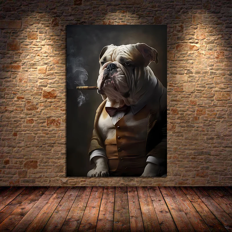 Vintage Retro Bulldog Smoking A Cigar with Horns Animal Art Poster Canvas Painting Wall Print Picture for Living Room Home Decor