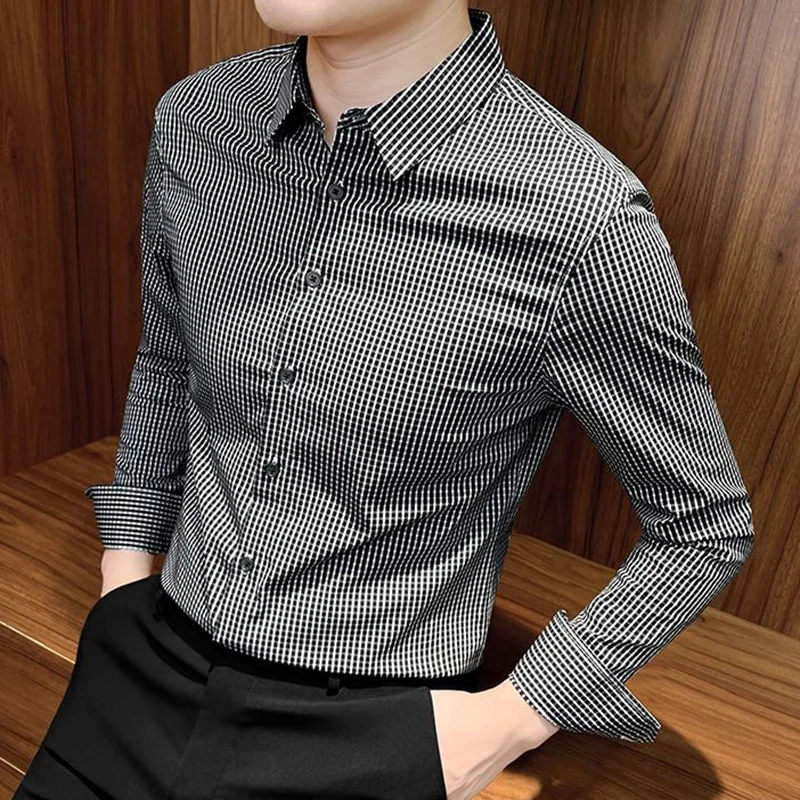 Fashion Lapel Button Business Lattice Shirts Men\'s Clothing 2023 Autumn New Oversized Casual Tops Loose Korean Shirt