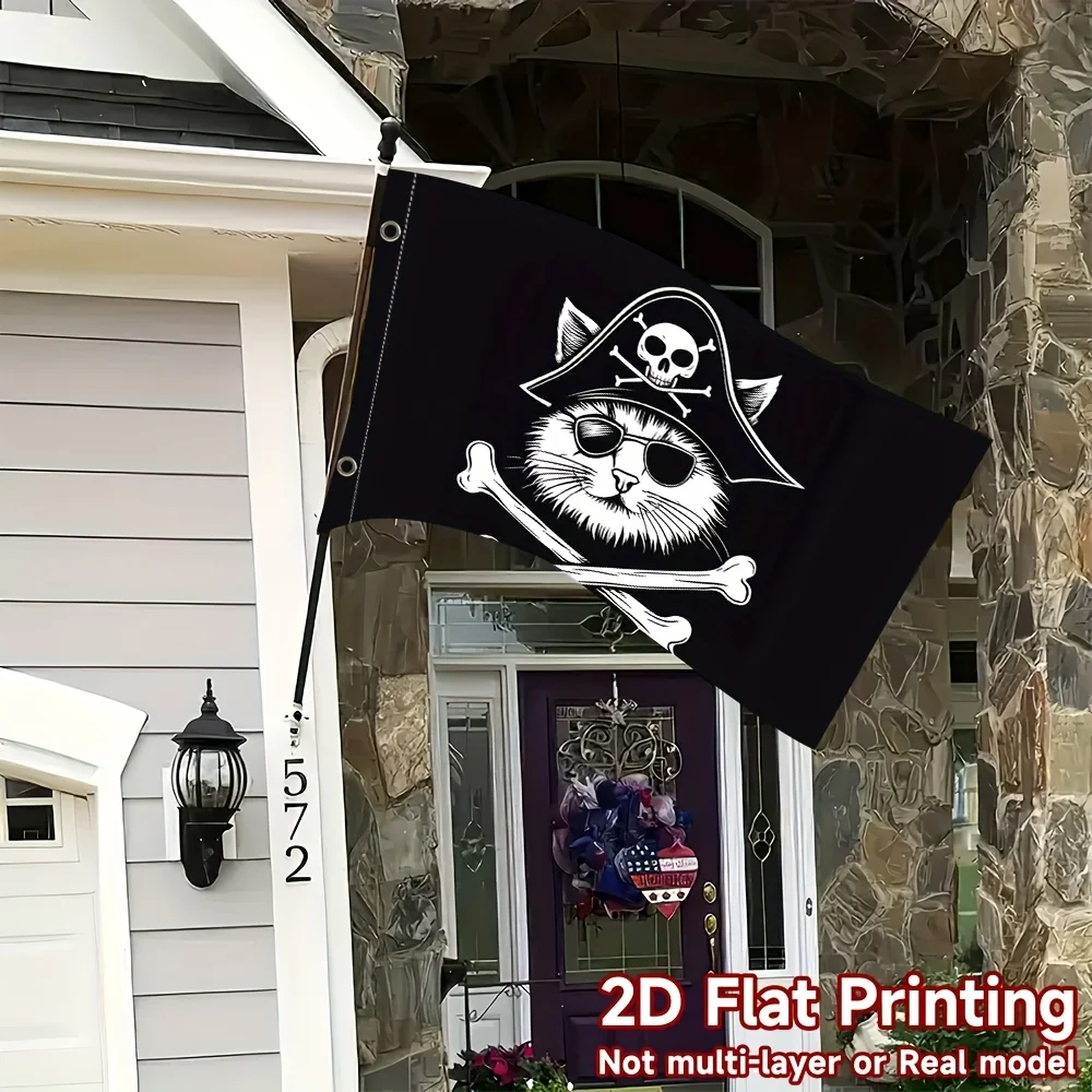 Pirate Cat Skull Flag Black Polyester Outdoor Party Decor Mardi Gras Banner