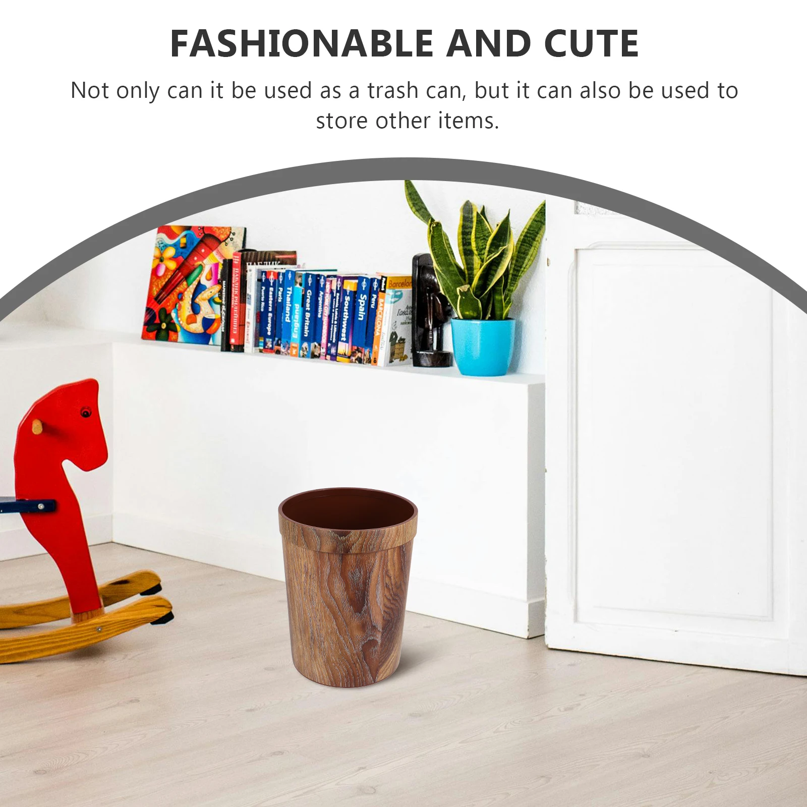 

Decorative Fake Wood Grain Garbage Bin Plastic Waste Bucket For Bathroom Bedroom Kitchen Home Office Household Trash Can