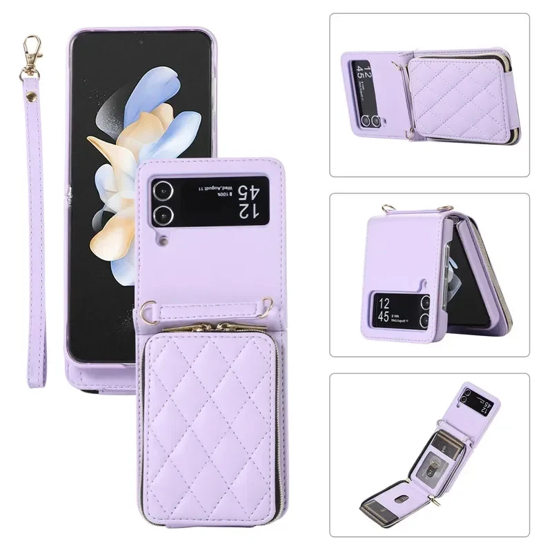 Crossbody Lanyard Zipper Leather Wallet Card Phone Case For Samsung Galaxy Z Flip 7 6 5 4 3 Wrist Rope Flip Stand Cover Bag