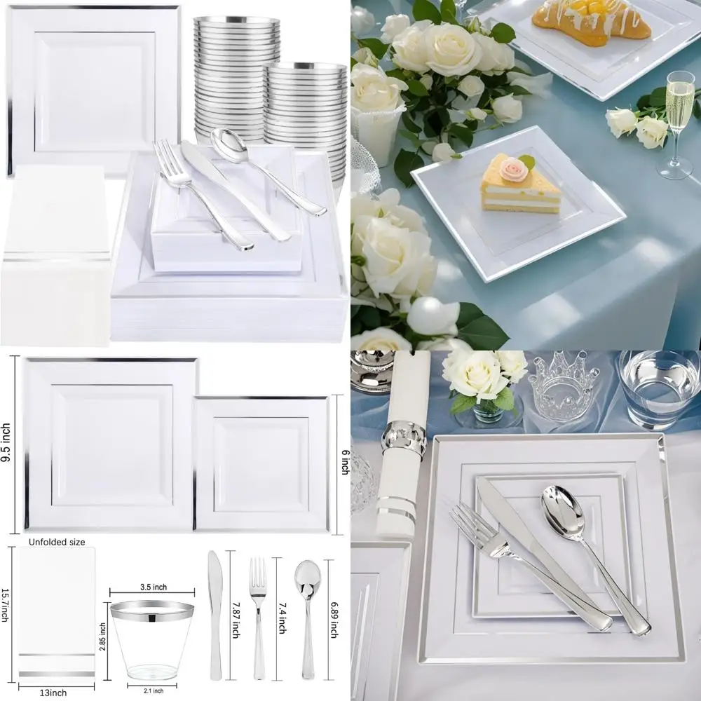 

Набор серебряных пластиковых квадратных тарелок 9,5 и 6–350 предметов с 50 чашками и 50 пластиковыми столовыми приборами для 50 гостей.