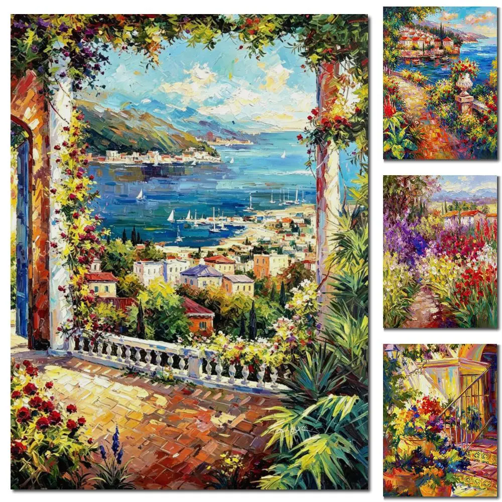 Oversize HD Printed Canvas Wall Art Romantic Mediterranean Garden Colorful Ocean Landscape Decor for Bar Hotel Lobby Living Room