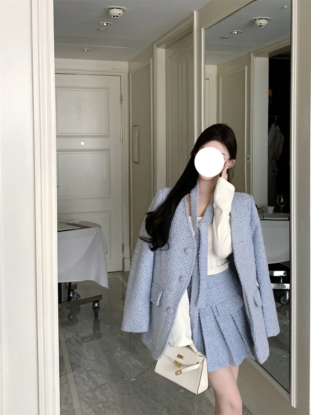 Ele Plaid Suit Set with Sa for Women Cotton Blend Long Sve V-Ne Button-Up Skirt And Jaet Two-Piece Faion Ensemble