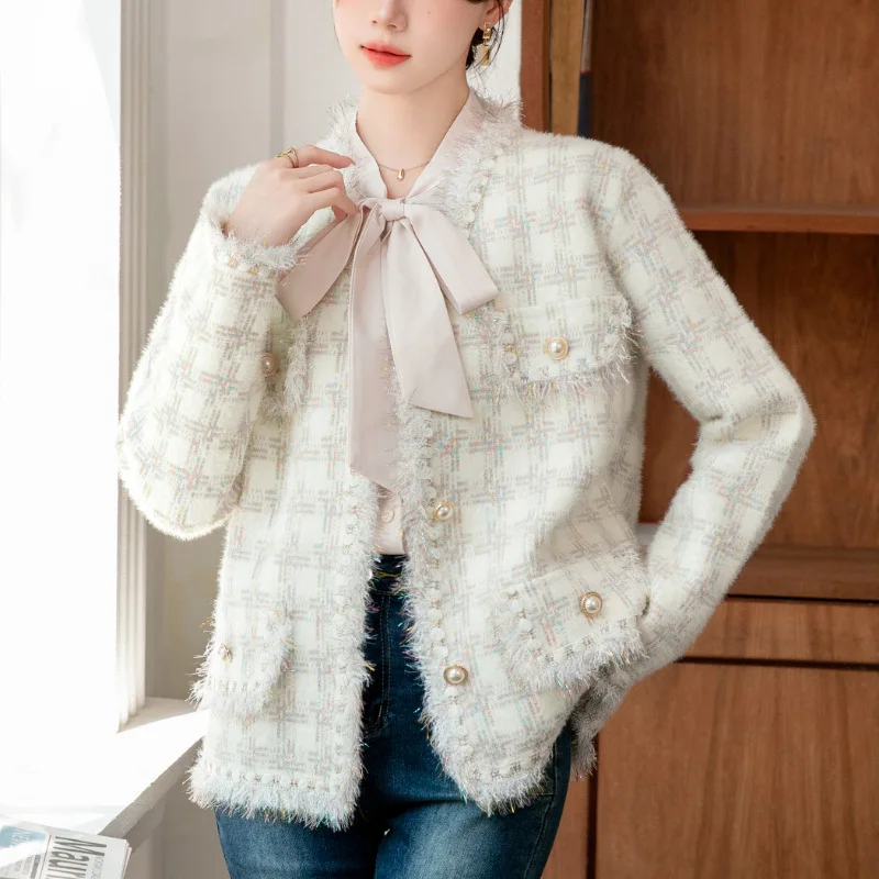 

Tweed Jacket Korean Womens Winter Heavy-Duty Asymmetrical Recreation Cargo Style Fancy Pearl Simple Padded Insulated Thermal Ins