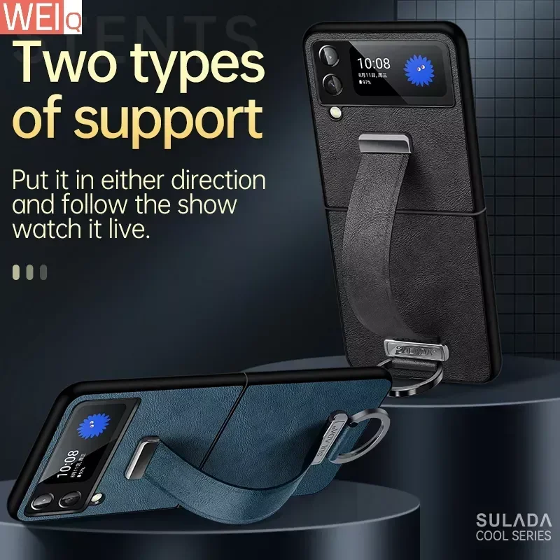 For Samsung Galaxy Z Flip 4 Case SULADA Cool Hand Strap Case For Samsung z flip 4 Flip 3 Folding Leather Case For S22 S22 Ultra