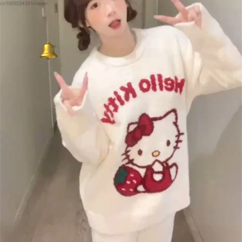 Sanrio Hello Kitty Academy Style Pullover Sweater Y2k Lolita Girls New Kawaii Anime Knitwear Harajuku White Knit Clothes Woman