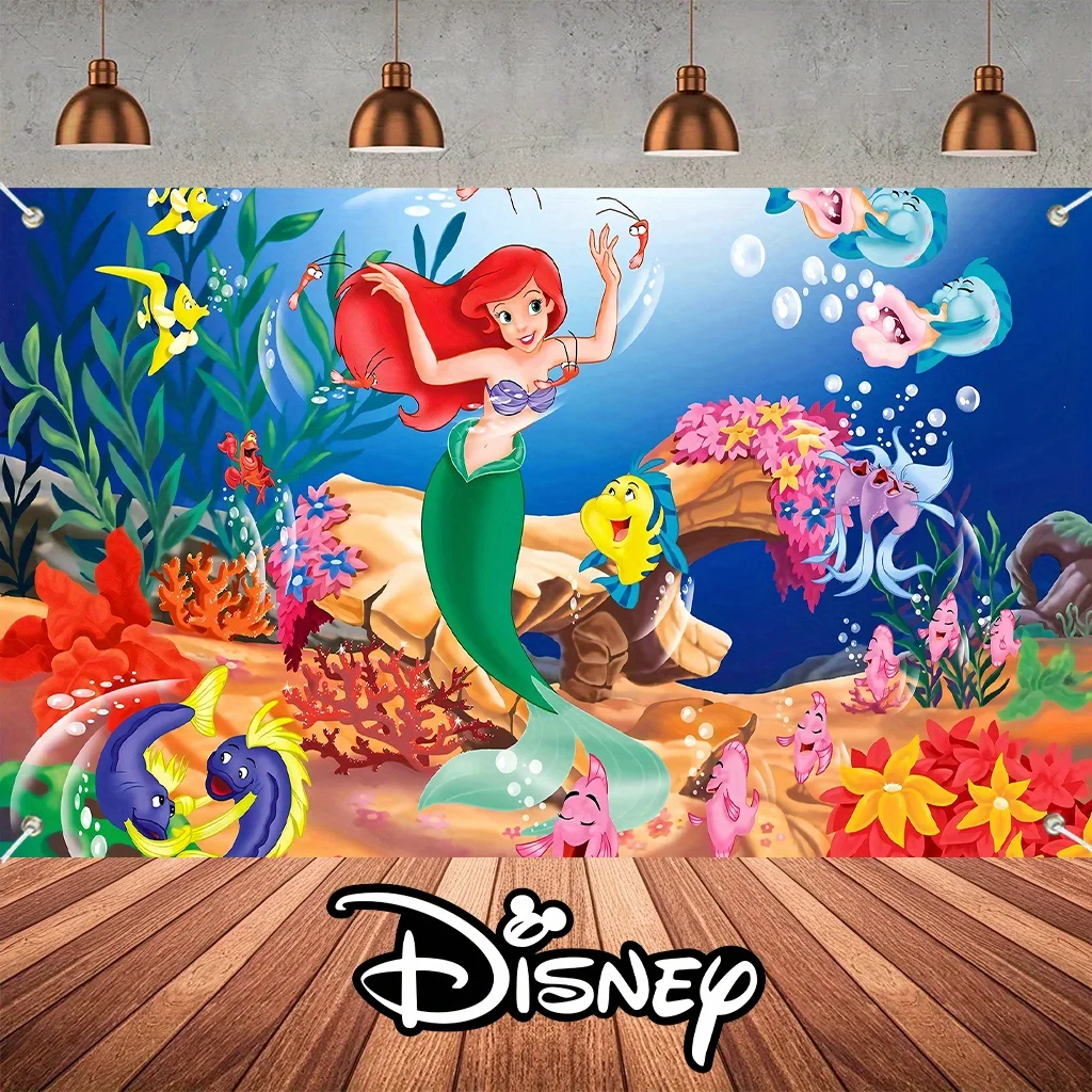 1pc Disney Little Mermaid Theme Birthday Party Background Cloth Banner Suitable For Baby Birthday Photography Decoration Props