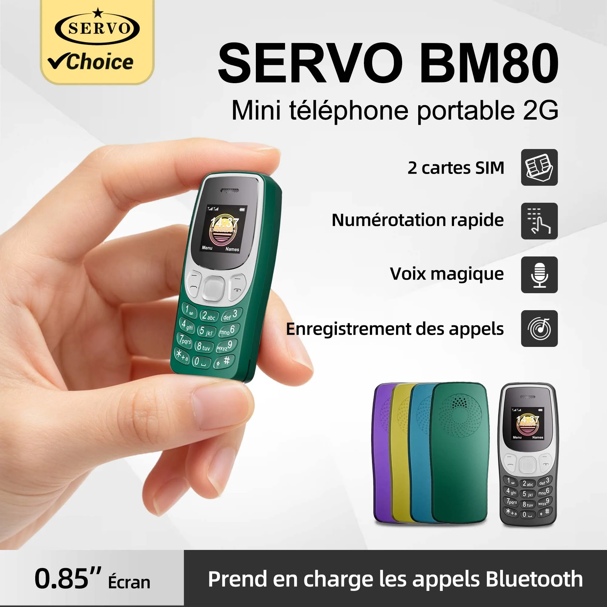 Téléphone portable SERVO BM80 Mini avec écran minuscule de 0,85 pouces, 2G, double SIM, voix magique, Bluetooth, numérotation rapide, liste noire, charge Type-C
