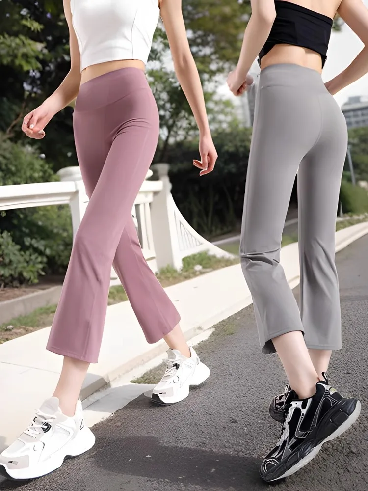 กางเกงโยคะผ้าไหมน้ำแข็งคุณภาพสูงสำหรับผู้หญิง ฤดูร้อน ผ้าบาง ไซส์เล็ก เอวสูง กระชับรูปร่าง กางเกงขายาวแบบแคปรี