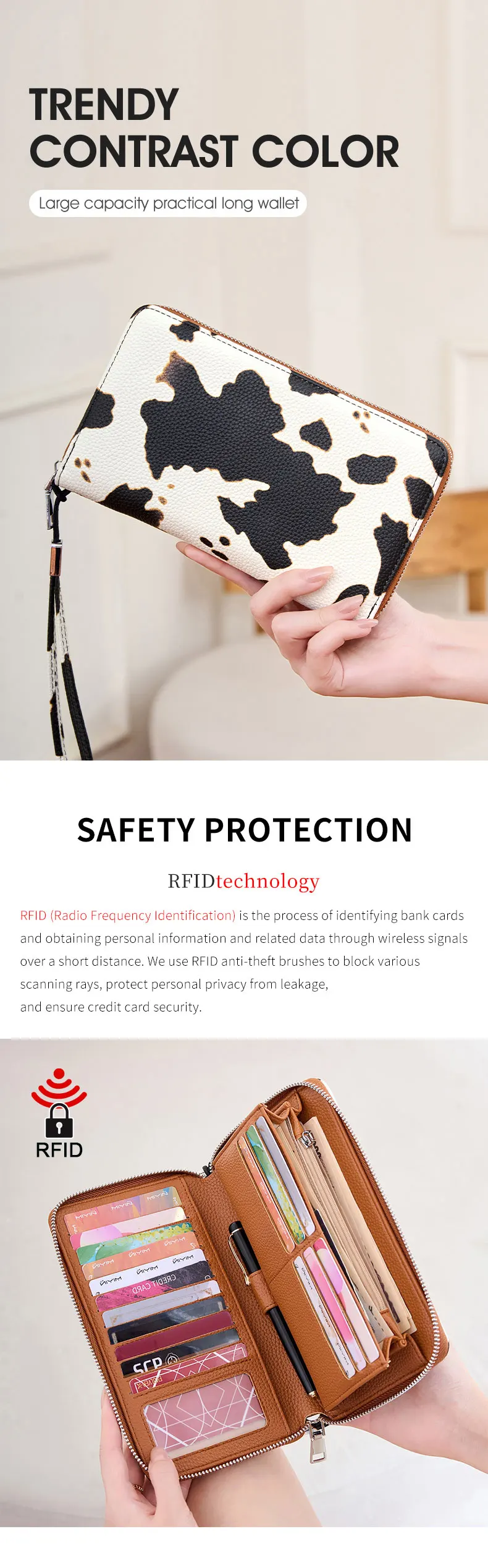 MIYIN Damen-Geldbörse mit RFID-Schutz, Hochwertige PU-Leder-Reißverschluss-Geldbörse, Große Kapazität, Lange Geldbörse, Kreditkarten-Clutch, Handgelenktasche – Detail 1
