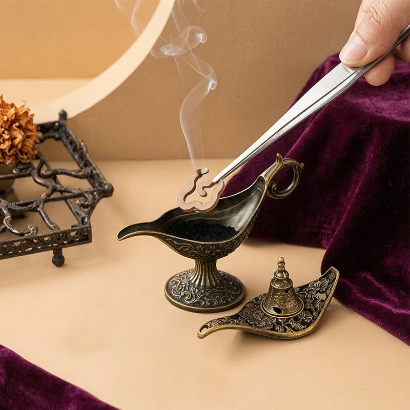 Weihrauchbrenner Magische Lampe Zinklegierung Vintage Hohlgeschnitzt Räucherofen für Weihrauchtabletten Meditation Zen Wohndekoration Dekoartikel Geschenk – Detail 6