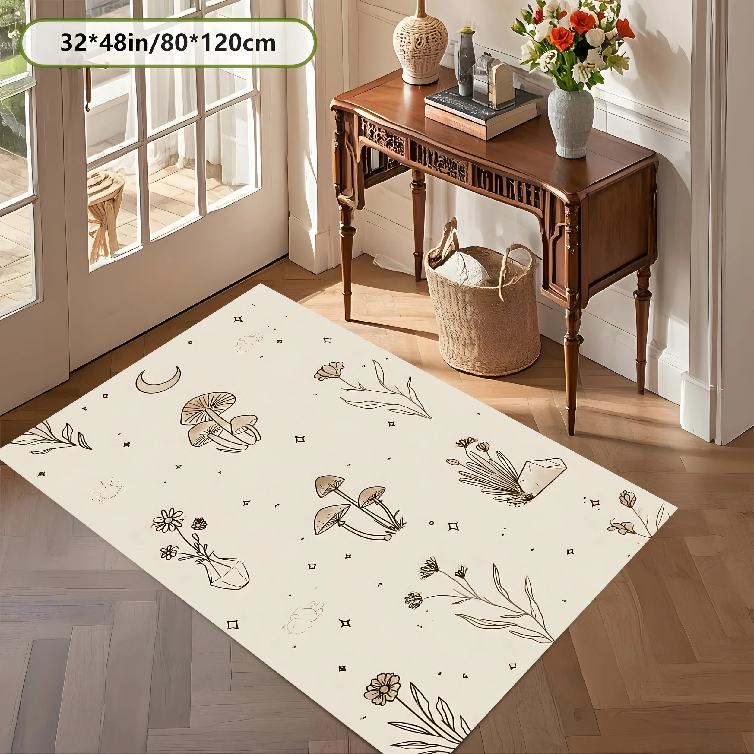 2D Large Carpet Line Drawing Mushroom Flower Star Moon Gentle Natural for Living Room Bedroom