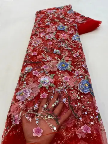 1 Yards African Beads lace fabric 2025 latest Red Indian sari fabric high quality tulle sequined lace fabric for wedding dress