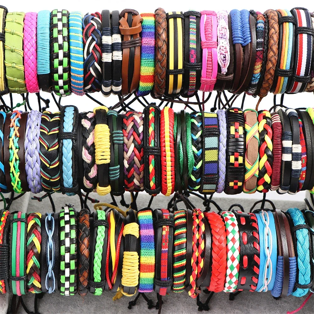 12Pieces/set Colorful Hand Woven Leather Adjustable Bracelets Bangles For Women Men Mix Style Fashion Jewelry Party Gifts