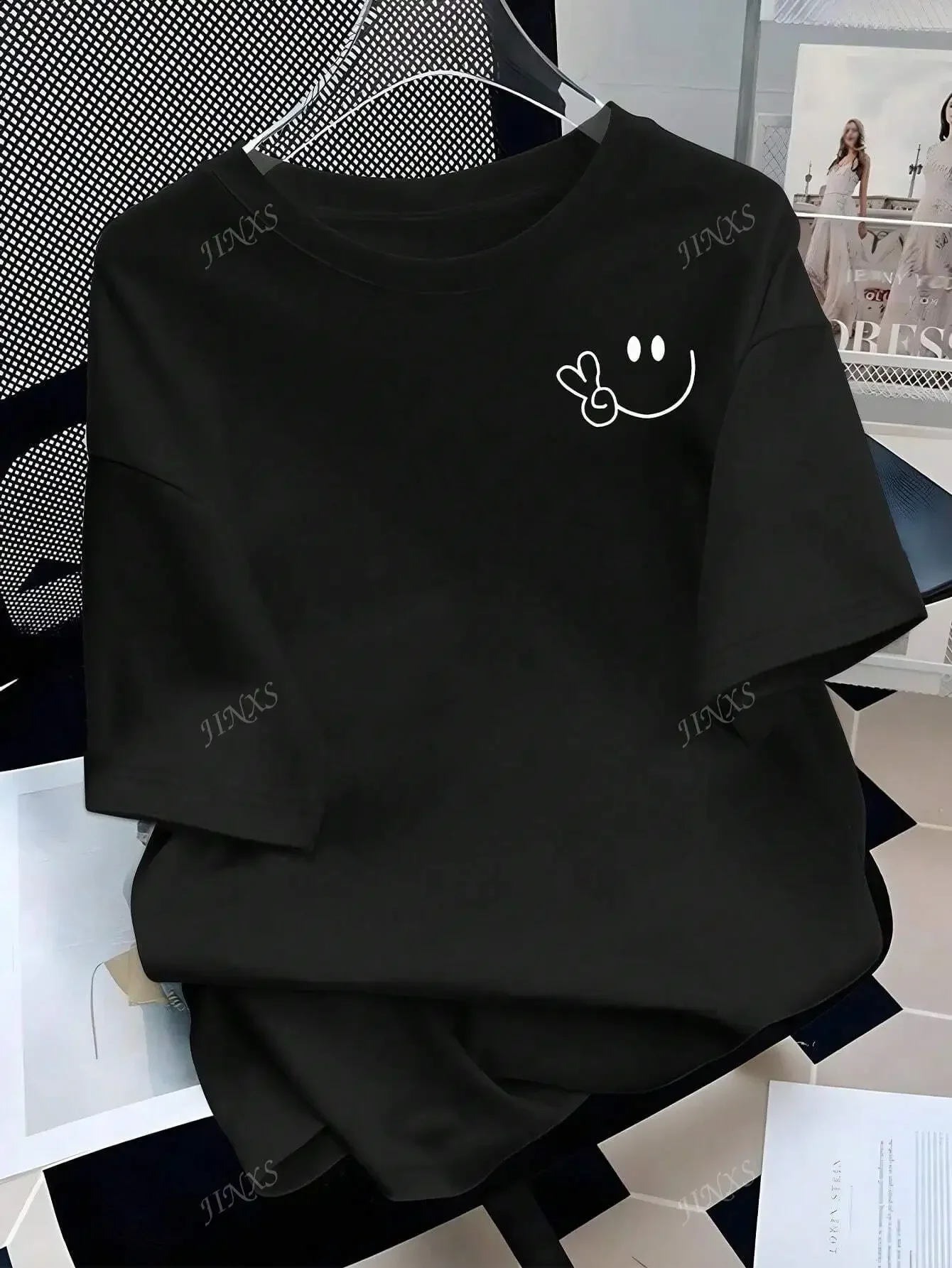 2026 Short Sleeve Round Neck Tops Stylish Tee with Adorable Smile and Peace Sign Design Ideal for Curvy Ladies Into Playful Fashion