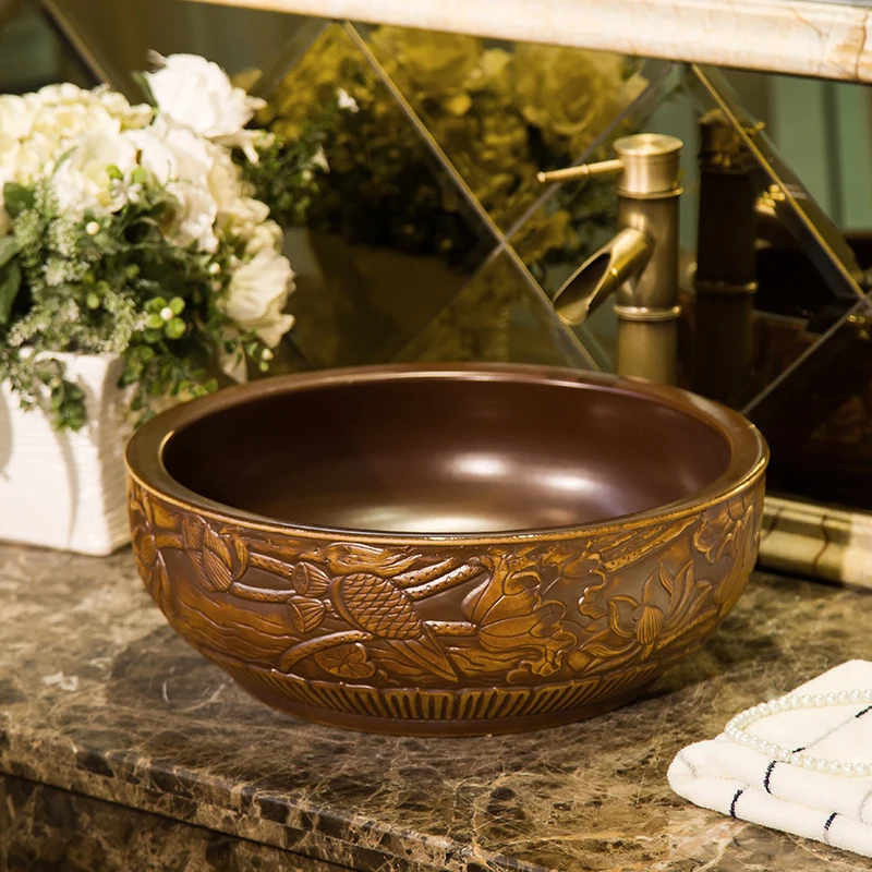 

On-stage Wash basin Ceramic washbasin Round antique art on-stage basin European-style bathroom wash