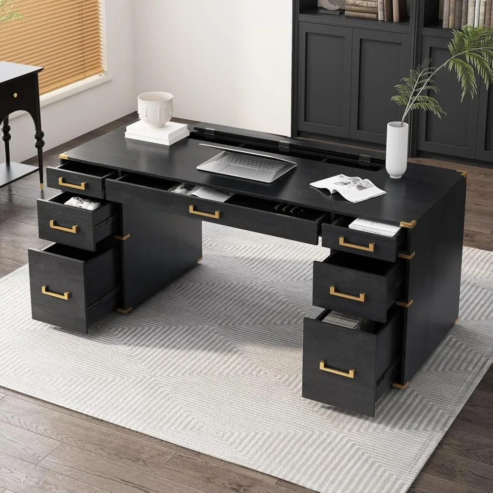 

70" Executive Home Office Desk with with File Drawer & Power Outlet, Wooden Writing Desk with Metal Edge Trim, Desk
