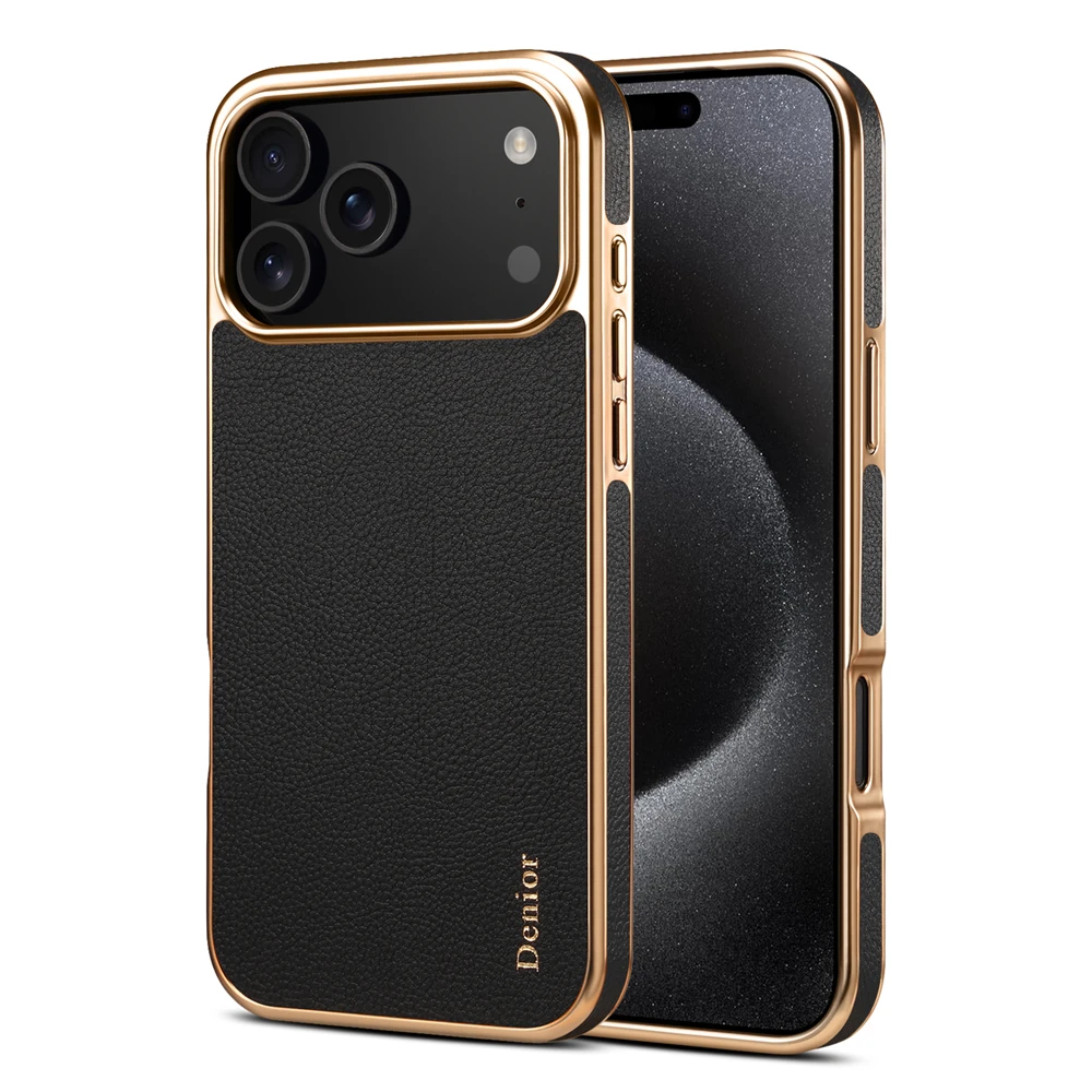 Luxury Glitter Gold Plating Cover Cowhide Genuine Leather Phone Case for iphone 17 PRO MAX 17 AIR 16 PRO MAX 12 13 14 15 Plus