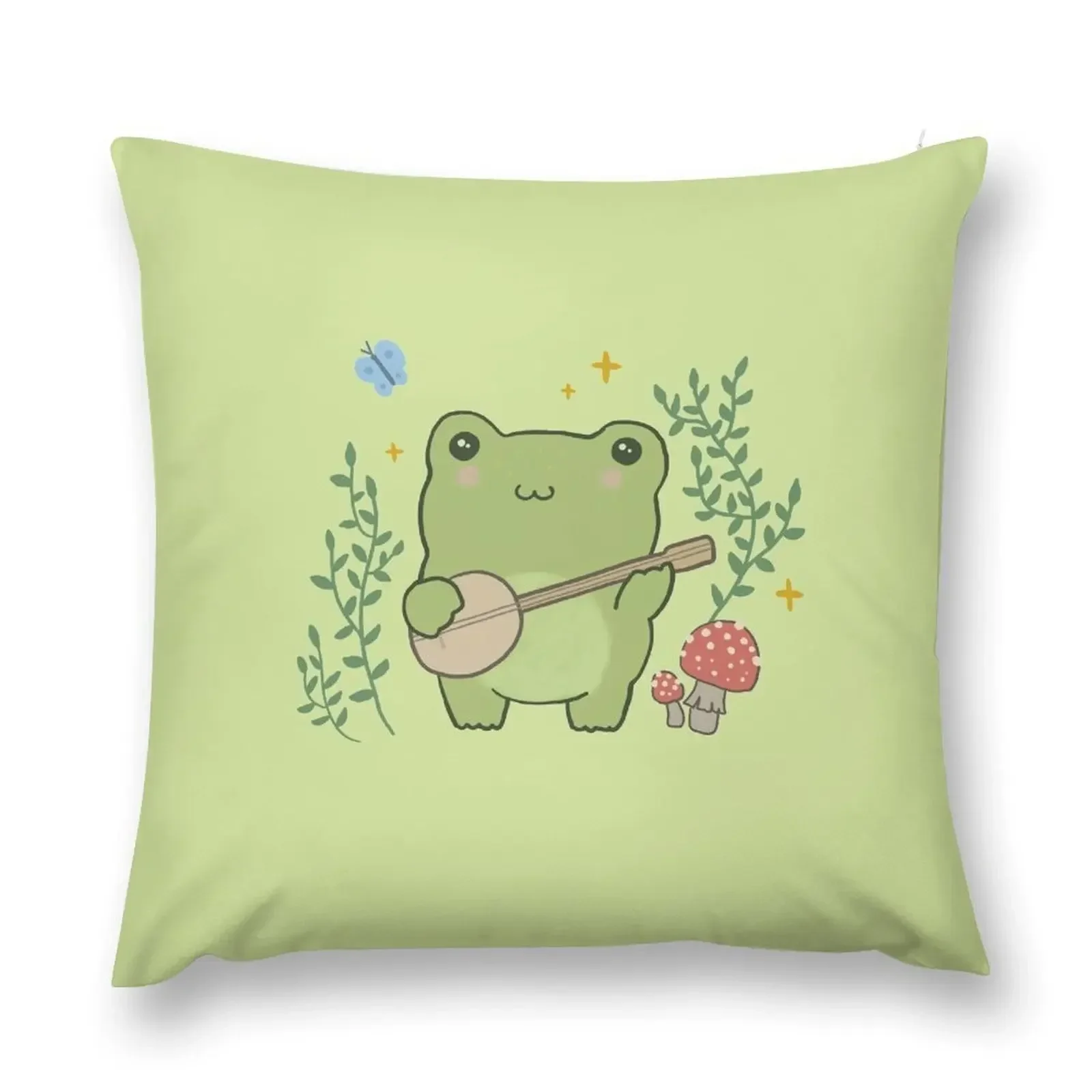 Kawaii Frog Playing Banjo: Toad Cottagecore Aesthetic Mushroom and Blue Butterfly Throw Pillow Cushions home decor items pillow