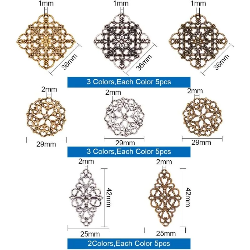 40pcs Filigree Connectors 3 Color Rhombus Flower Charms Hollow Pendants Metal Filigree Embellishments for DIY Hairpin