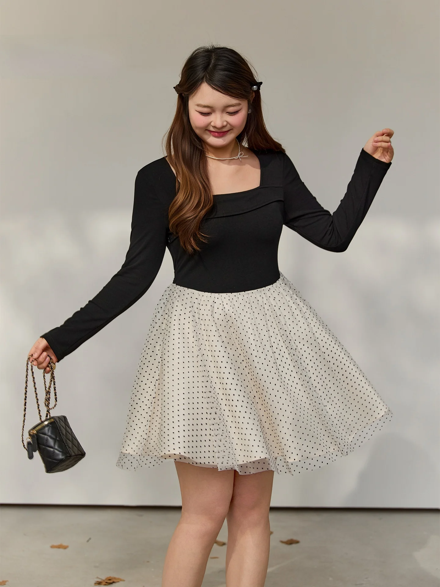 

Spring Ele Large Size Women's Dr with Skirt Flounce Polka Dot Net Square Collar Micro Plump MM Work Date Daily Dr