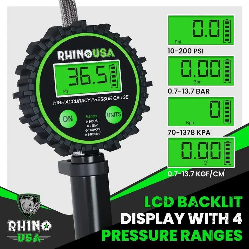 Rhino USA 디지털 타이어 팽창기, 압력 게이지 (0-200 PSI), ANSI B40.7, 정확한 2 인치 글로우 다이얼, 브레이드 호스, 황동 하드웨어