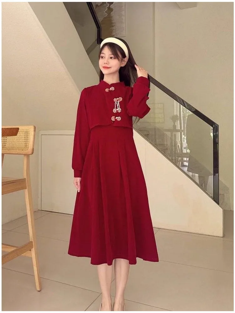Red Chinese Style Stand Collar Long Sleeve Dress High Waist A-Line Midi Slimming Dress for Women Velvet Fabric Zipper Closure