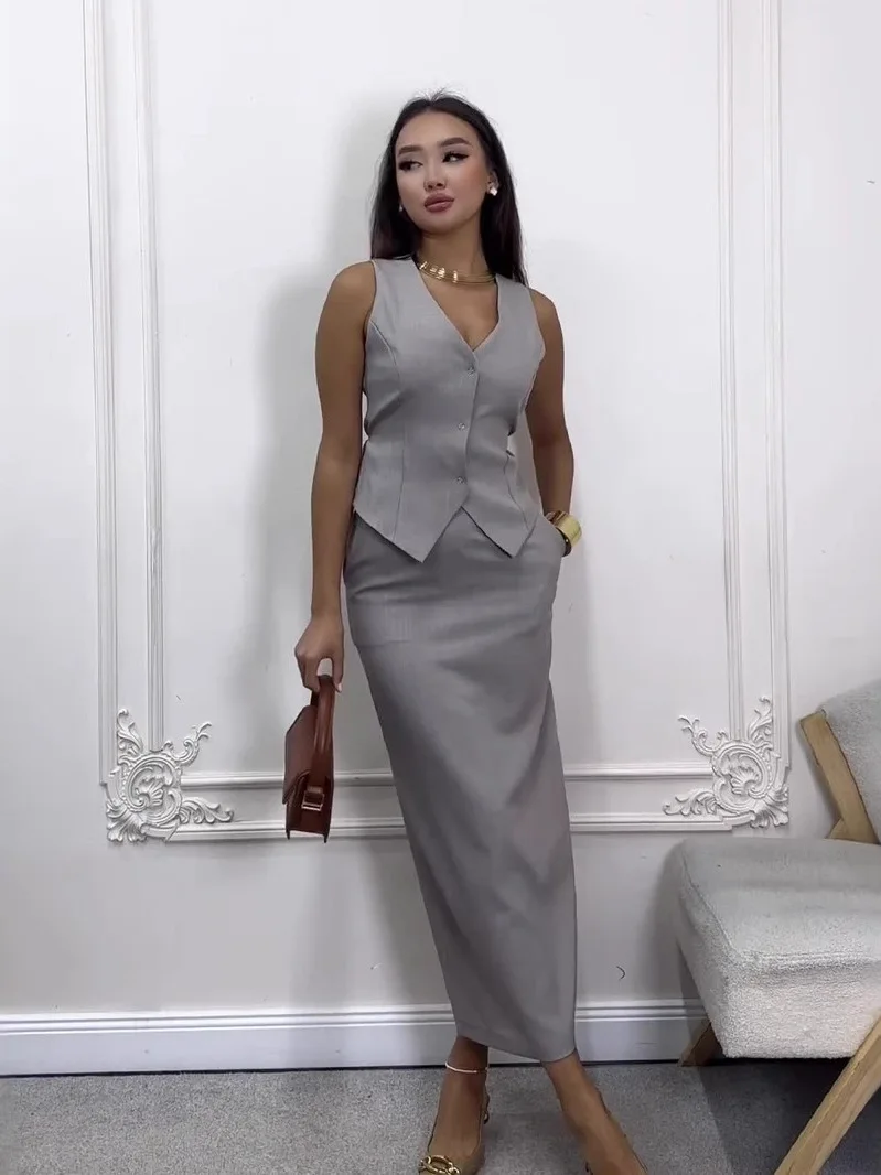 

Simple Pure Color f Skirt Two-Piece Set Lightweight Sve Loose Fit Ele Sle for Ladies A-Line Skirt Polyester Fabric