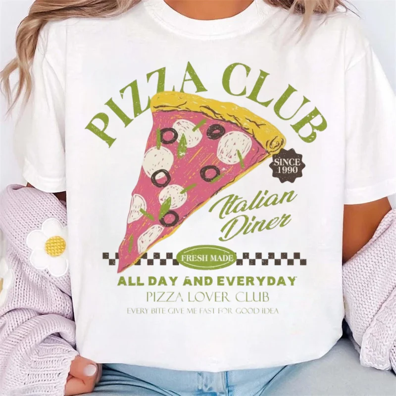 بيتزا نادي متعة نمط تي شيرت مطبوع لطيف المرأة الصيف عادية س الرقبة قصيرة الأكمام قمة المألوف الشارع 90s السفر تي شيرت