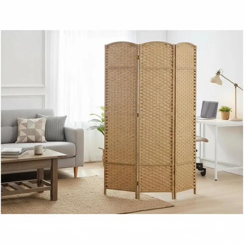 Paravent de séparation de pièce tissé à la main, cloison pliante pour l'intimité avec cadre en bois de pin, séparateur de pièce en PP tissé imperméable