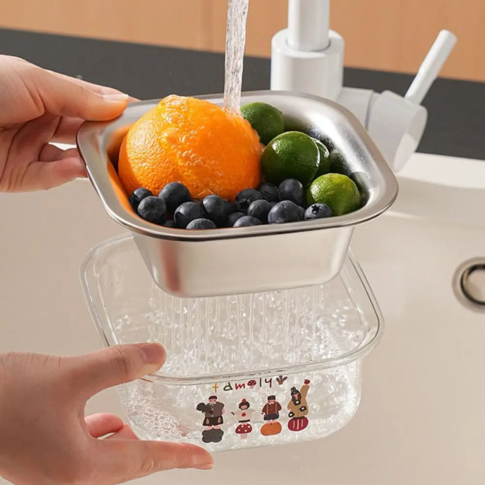 2 in 1 Fruit Washing Bowl with Strainer One Hand Operation Thickened Fruit Cleaning Basin Double Layer Portable