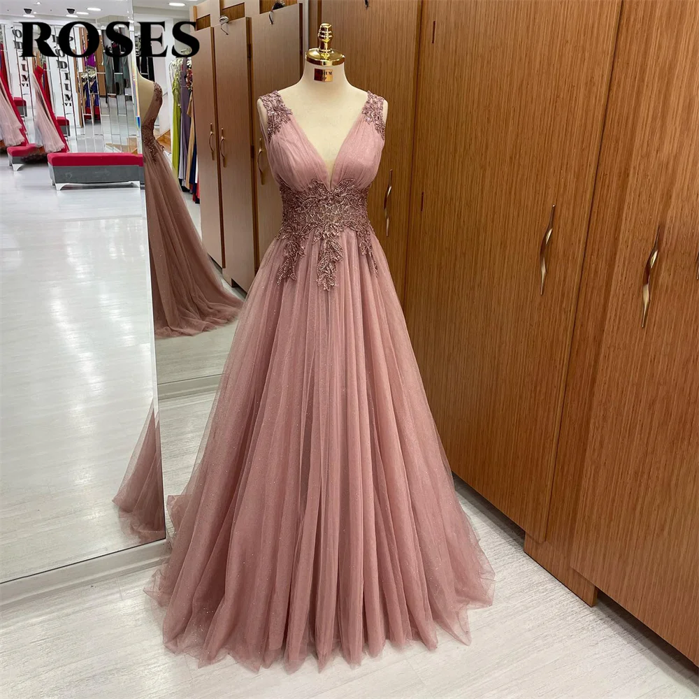 Rosas rubor elegante vestido de fiesta de boda Sexy, de línea A Apliques de encaje, vestido de celebridad para ocasiones especiales, batas personalizadas du soir