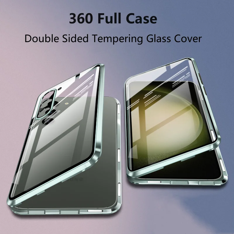 360 Full Case For Samsung Galaxy S23 S24 Ultra 23 S 24 Plus Double Sided Magnetic Adsorption Metal Tempering Glass Phone Cover