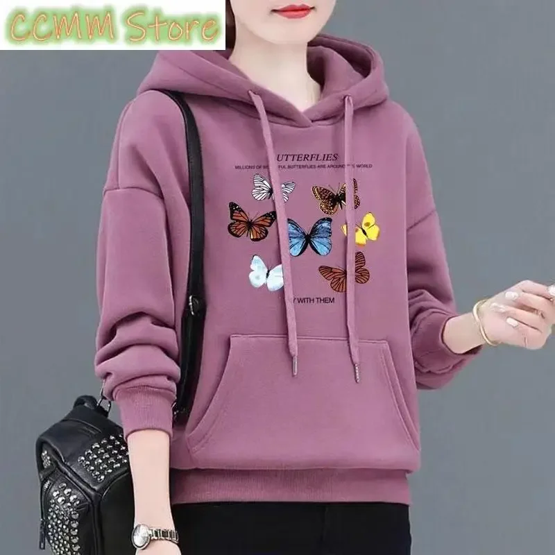 Women's Clothing Butterfly Printed Sweatshirts Casual Hooded Autumn Winter Thick Stylish Drawstring Pockets Korean Pullovers New