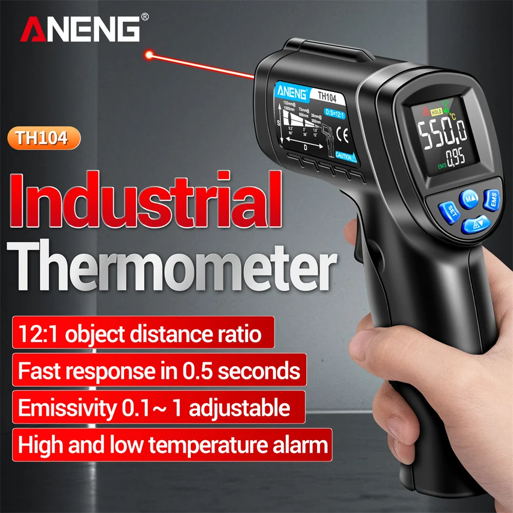 ANENG -50~550 ℃ Termómetro infrarrojo medidor de temperatura láser TH104 pistola de temperatura con pantalla inversa VA Tes sin contacto