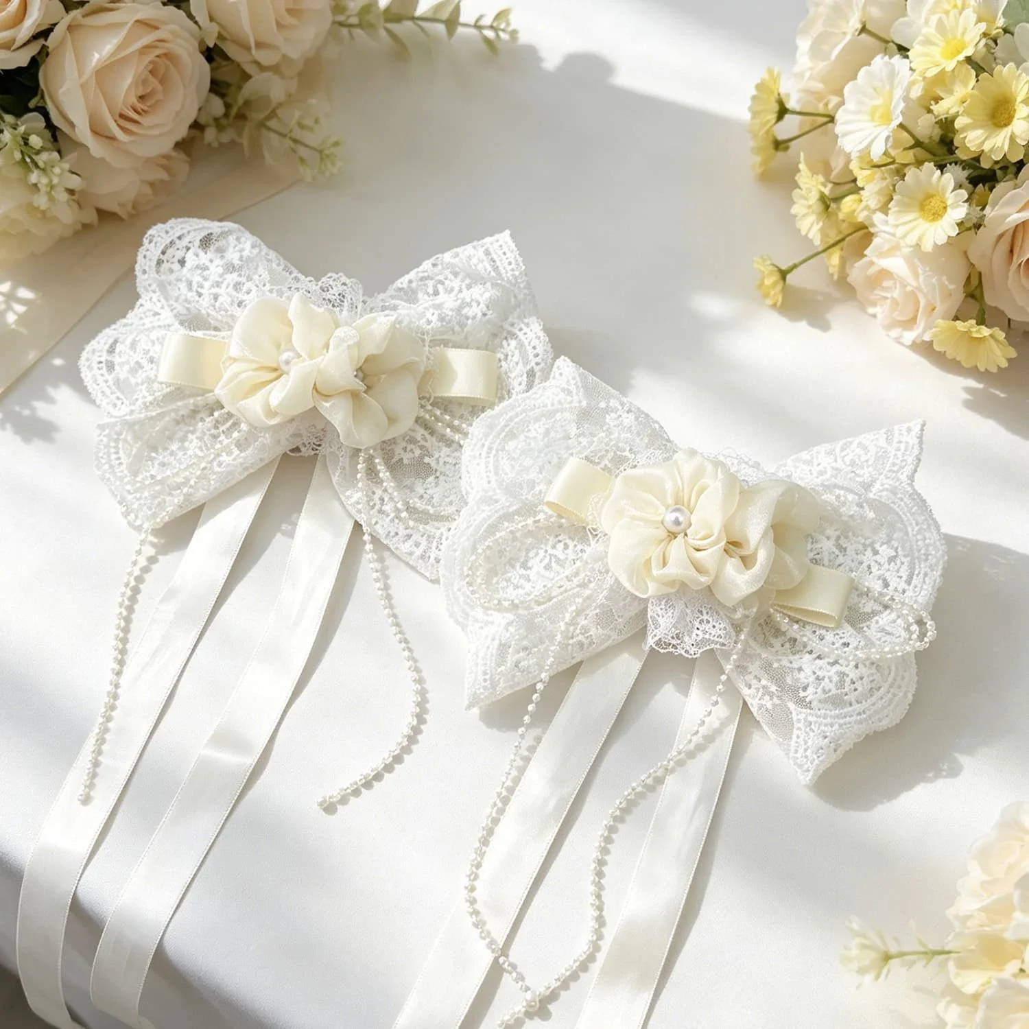 French Romantic Flower Lace Bow Curtain Tieback with Pearl Tassel for Bedroom, Living Room, Wedding Decor, Wrist Corsage
