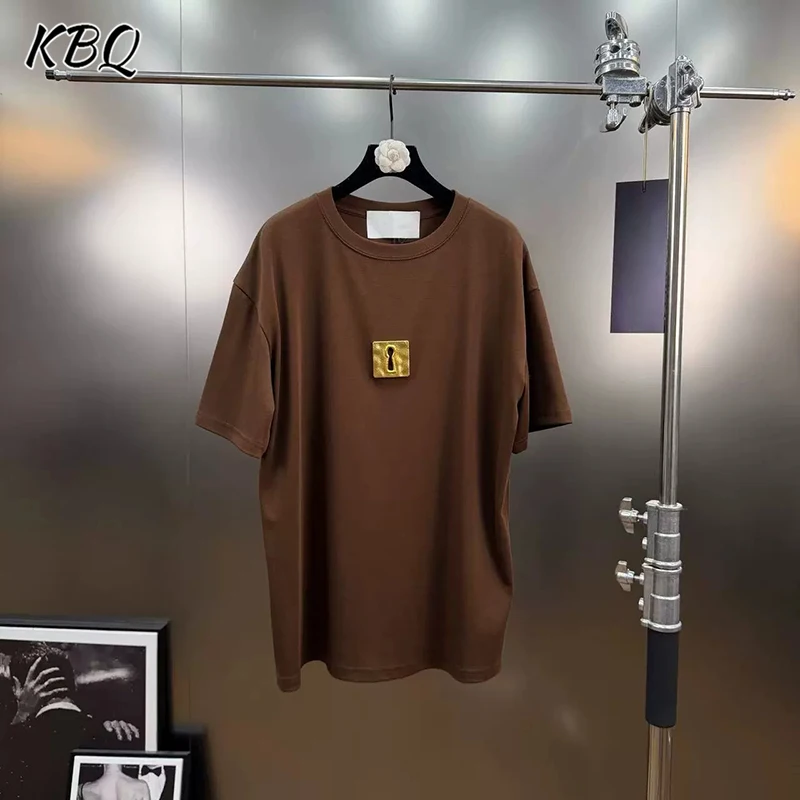 

KBQ Solid Spliced Metal Loose Causal T Shirt for Womennround Neck Short Sleeve Minimalist Chic T Shirt Female Fashion Style New