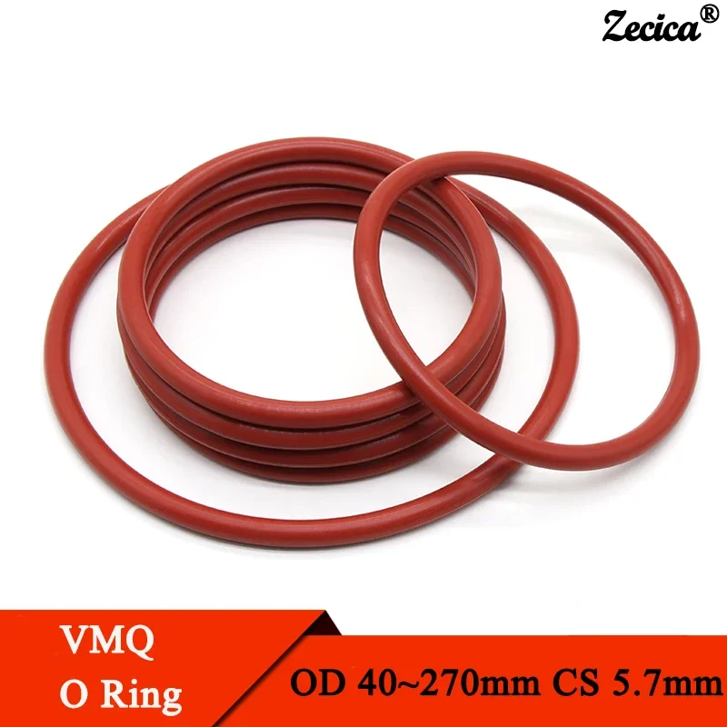 5Pcs VMQ O Ring Gasket CS 5.7mm OD 40 ~ 270mm Waterproof Washer Silicone Rubber Insulate Round O Shape Seal Red Food Grade