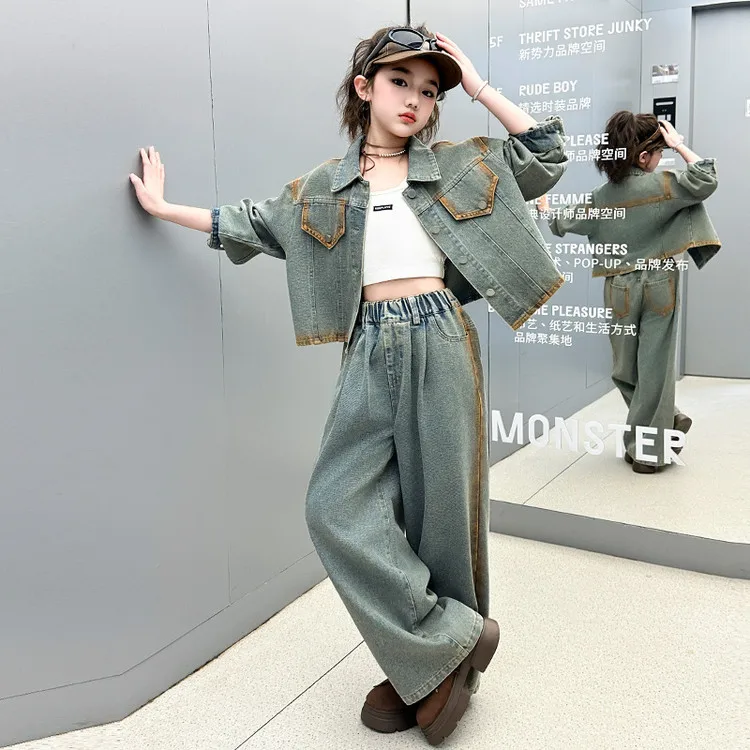 

Teenager Girls Denim Sets Autumn Contrast Color Long Sleeves Children Girls 2pcs Outfit Turn Down Color Coat+Elastic Waist Jean